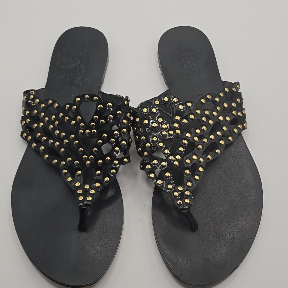 Vince Camuto Black and Gold Studded Flip Flop Sandals - Picture 4 of 10